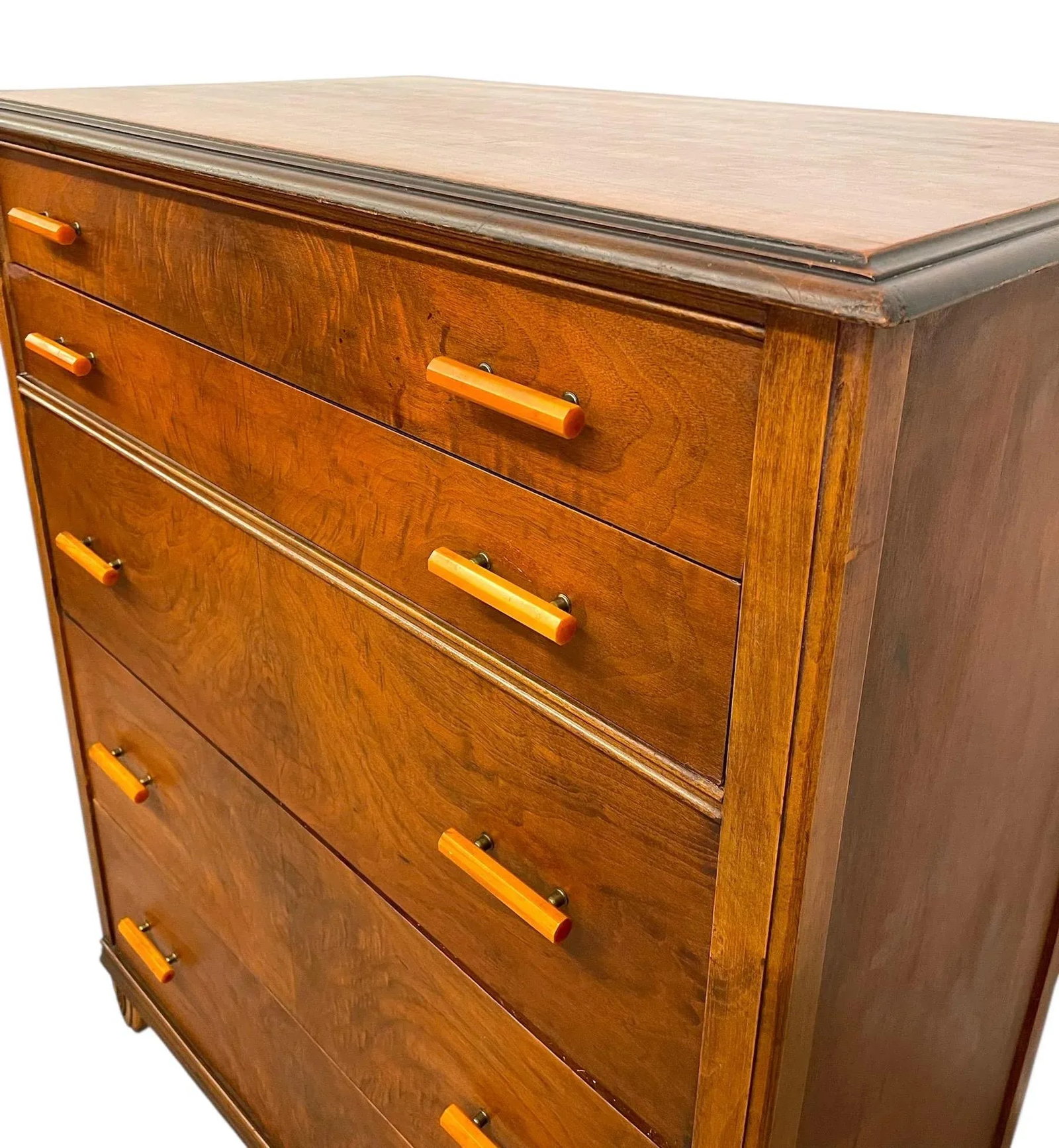 1970s Vintage Art Deco 5 Drawer Dresser With Book Matched Burl Wood Accents and Bakelite Pulls by Cr - 4