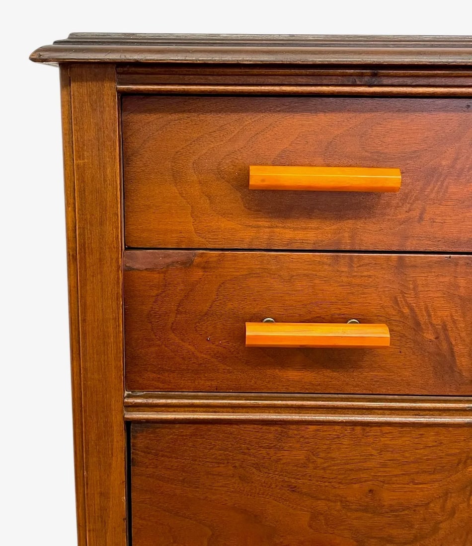 1970s Vintage Art Deco 5 Drawer Dresser With Book Matched Burl Wood Accents and Bakelite Pulls by Cr - 7