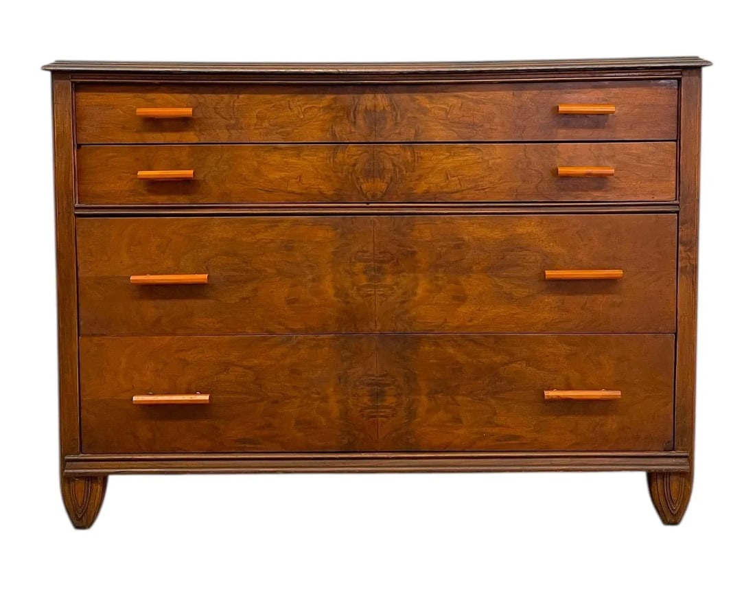 1970s Vintage Art Deco 4 Drawer Dresser With Book Matched Burl Wood Accents and Bakelite Pulls by Cr - 2