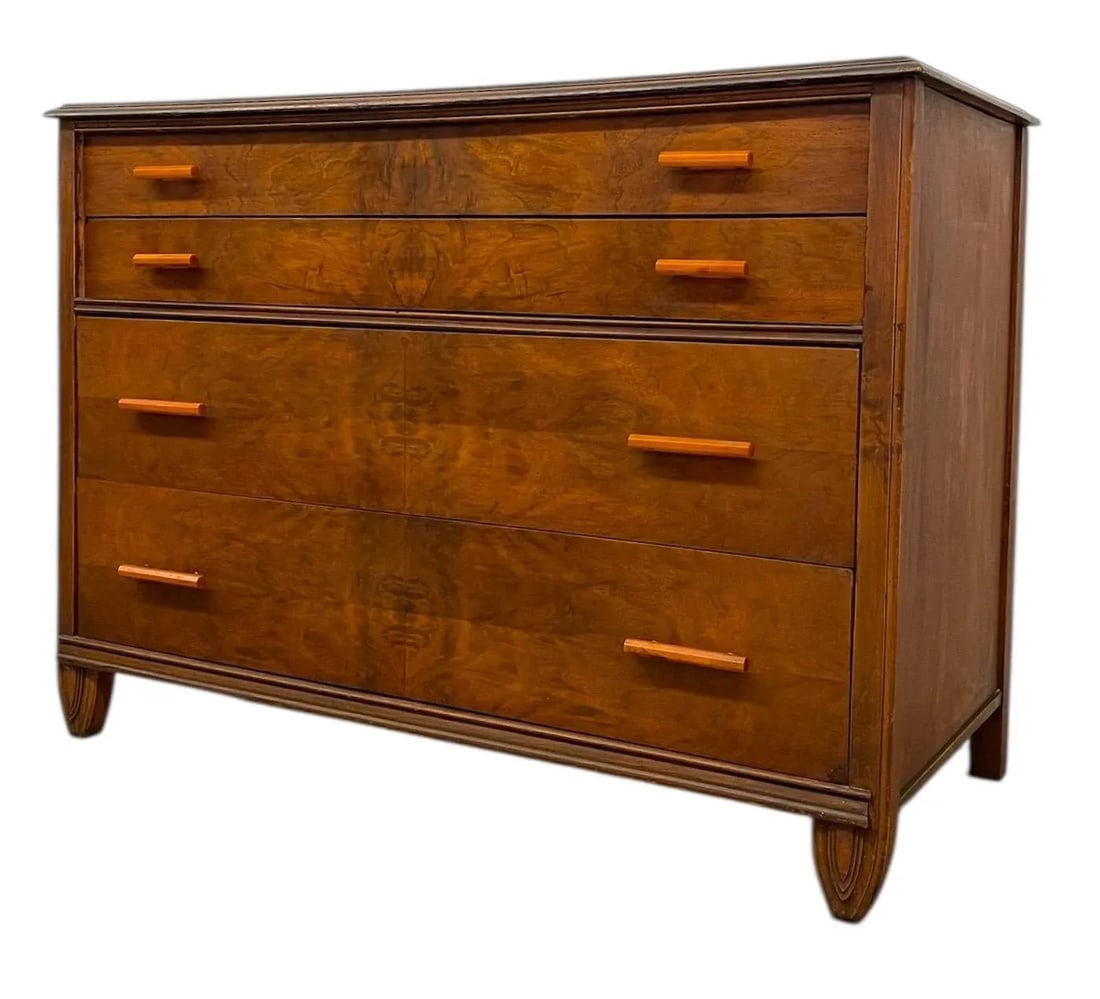 1970s Vintage Art Deco 4 Drawer Dresser With Book Matched Burl Wood Accents and Bakelite Pulls by Cr - 3