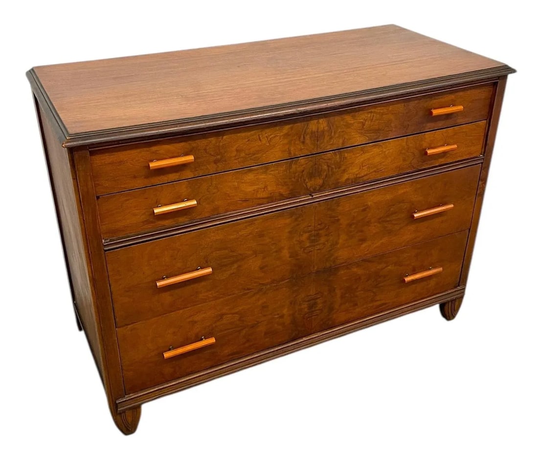 1970s Vintage Art Deco 4 Drawer Dresser With Book Matched Burl Wood Accents and Bakelite Pulls by Cr - 4