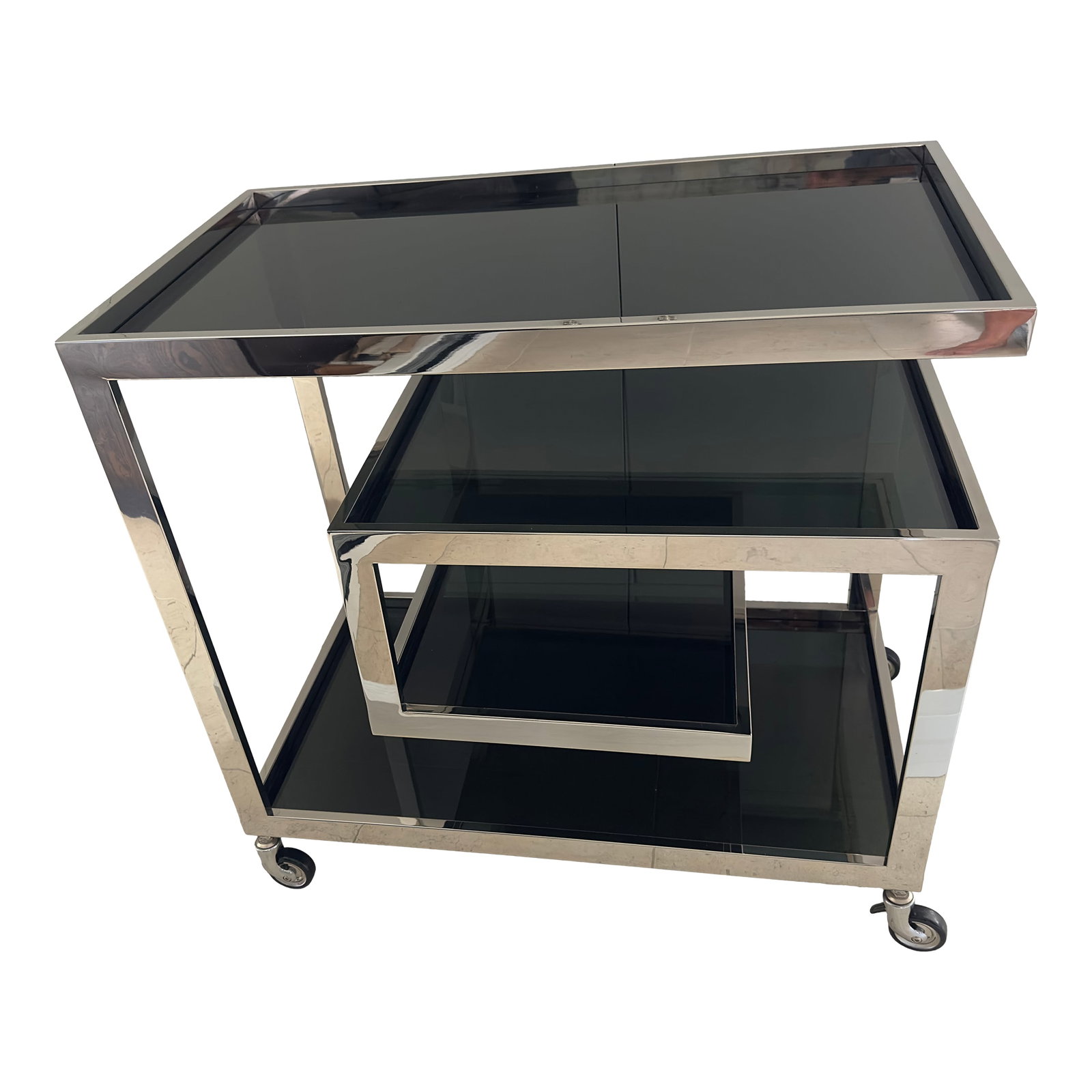 Contemporary Single Greek Key Polished Steel Bar Cart - 2