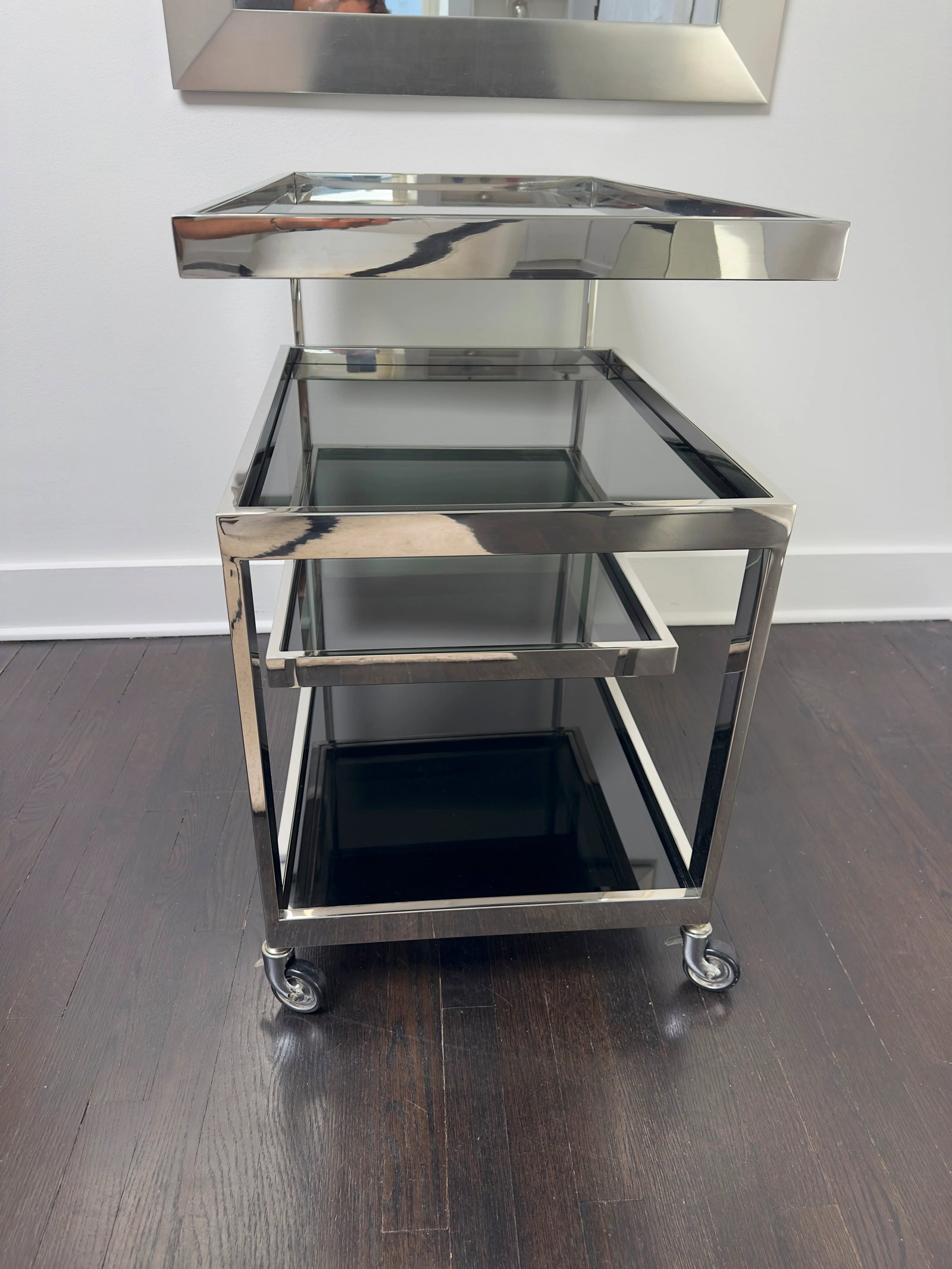 Contemporary Single Greek Key Polished Steel Bar Cart - 7