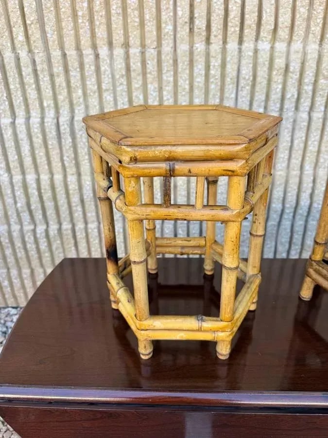 Set of 2 Vintage Boho Style Bamboo Wicker Nesting Tables / Plant Tables - 2