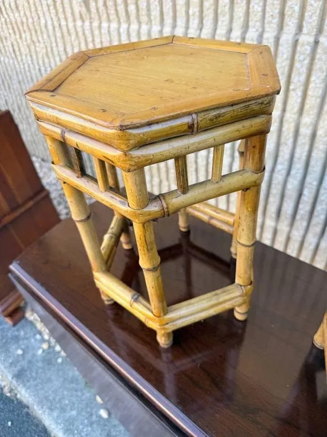 Set of 2 Vintage Boho Style Bamboo Wicker Nesting Tables / Plant Tables - 3