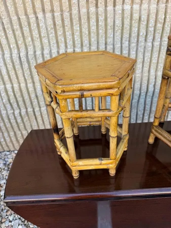 Set of 2 Vintage Boho Style Bamboo Wicker Nesting Tables / Plant Tables - 4