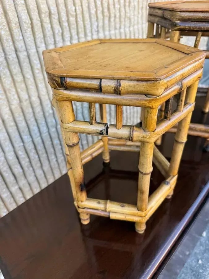 Set of 2 Vintage Boho Style Bamboo Wicker Nesting Tables / Plant Tables - 5