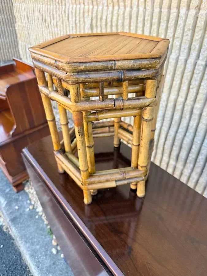 Set of 2 Vintage Boho Style Bamboo Wicker Nesting Tables / Plant Tables - 7