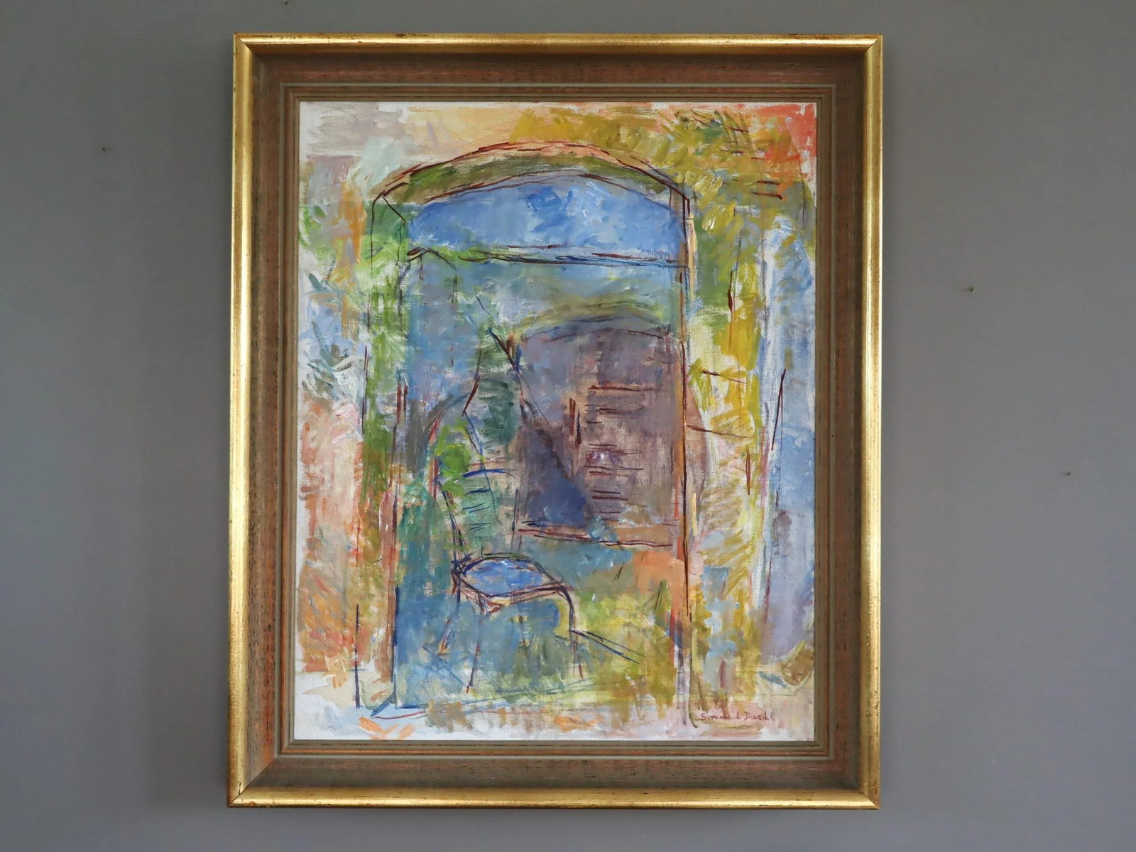 Mid-Century Modern 'Chair by the Archway' Vintage Swedish Abstract Interior Oil Painting, Framed - 2