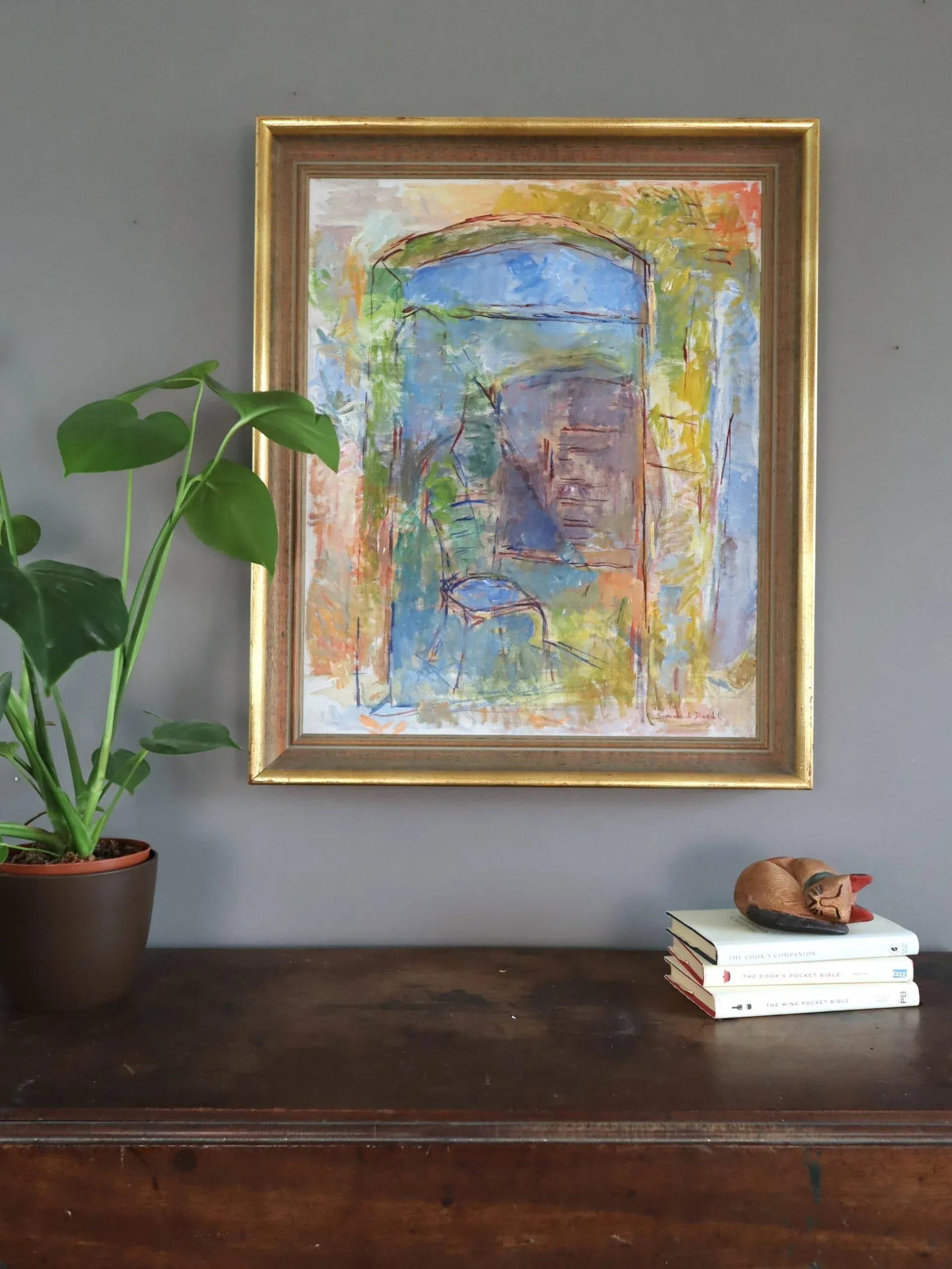 Mid-Century Modern 'Chair by the Archway' Vintage Swedish Abstract Interior Oil Painting, Framed - 3