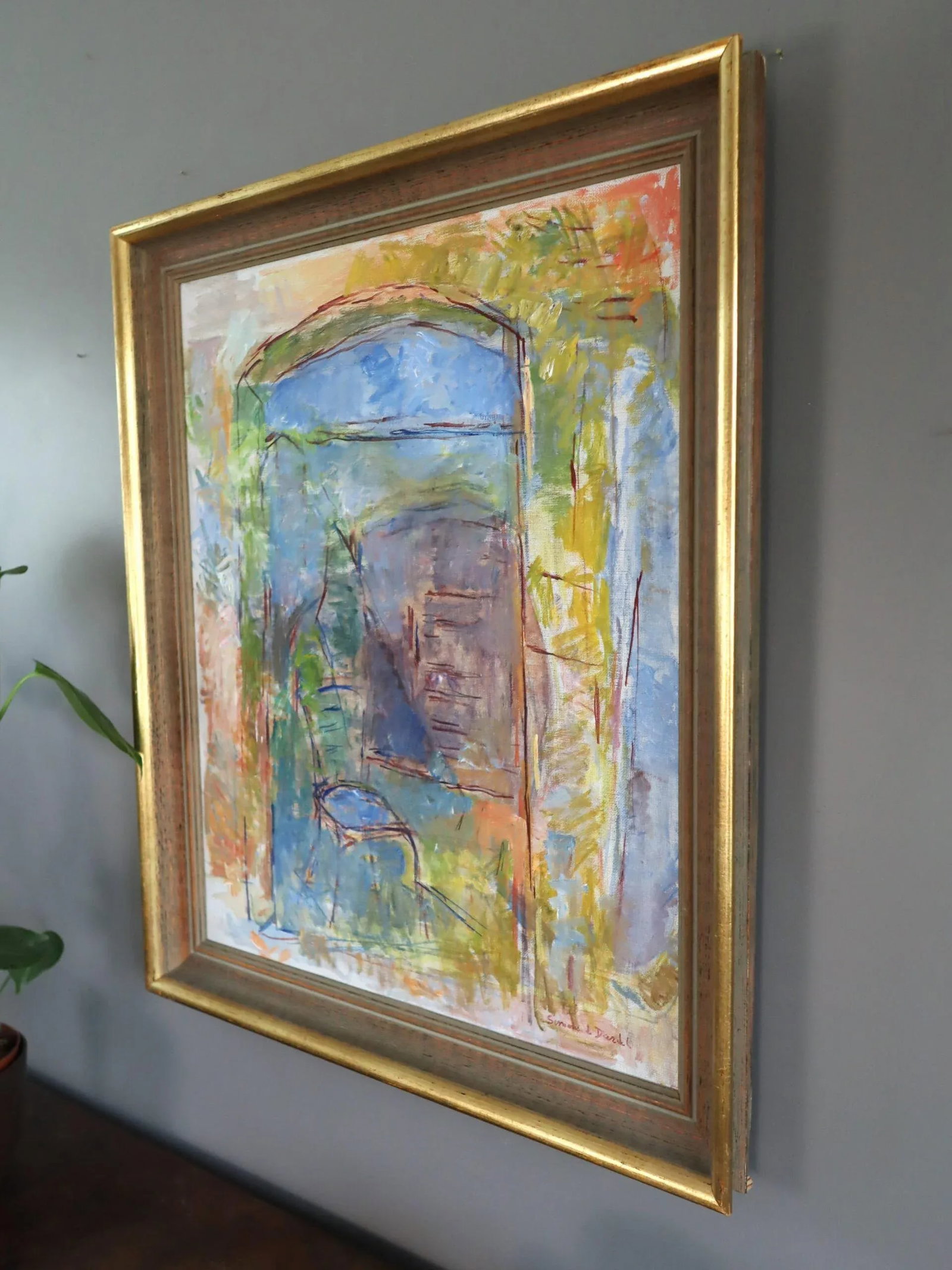 Mid-Century Modern 'Chair by the Archway' Vintage Swedish Abstract Interior Oil Painting, Framed - 5