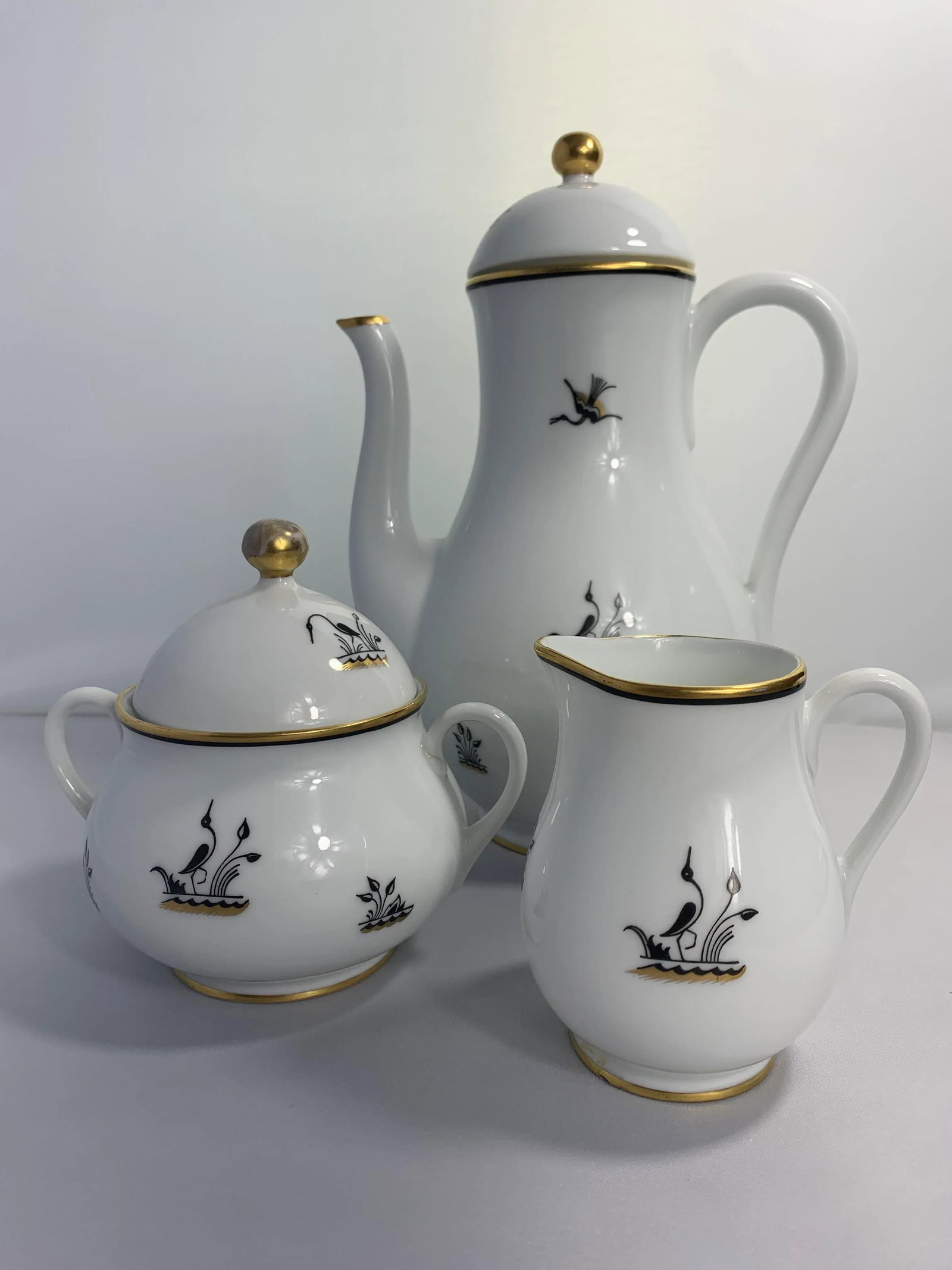 Vintage 1930â€™s Alp Lidkoping Porcelain Crane Pattern Dessert and Demitasse Set by - 2