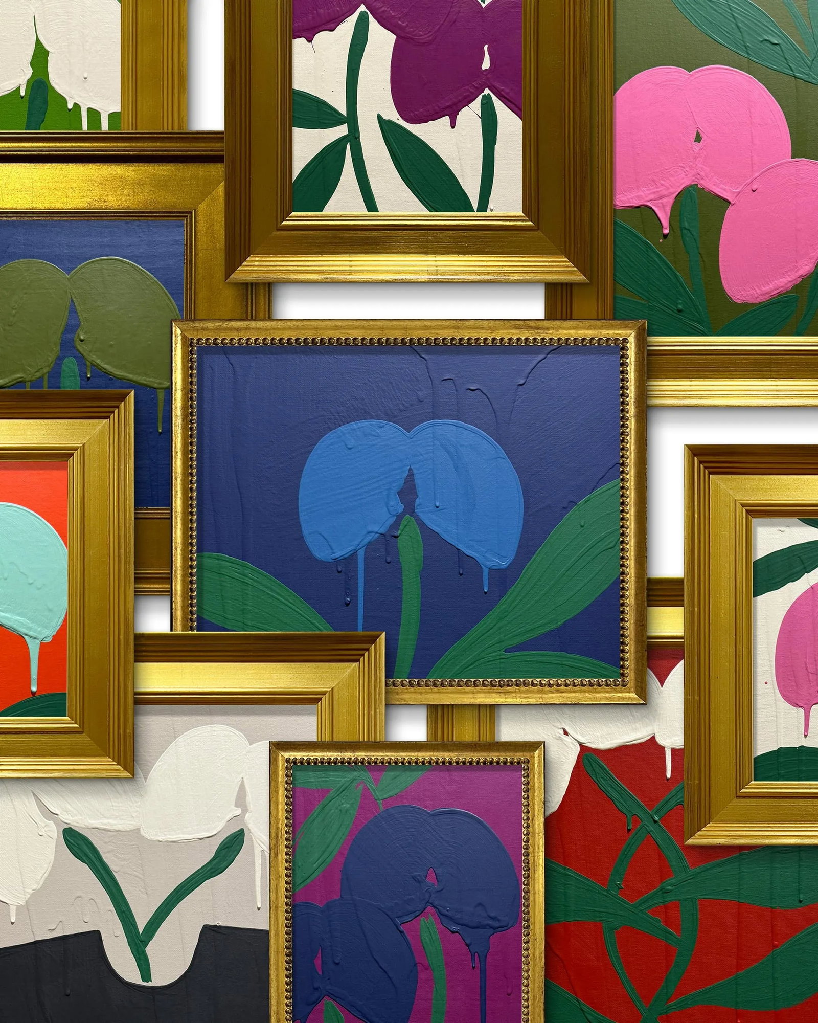 Ron Giusti Mini Orchid Still Life Navy Cream Acrylic Painting - 3