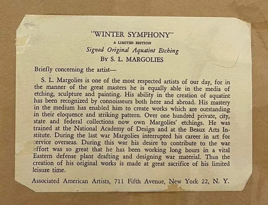S. L. Margolies Winter Symphony LTD Ed Pencil Signed Aquatint Etching Print - 2