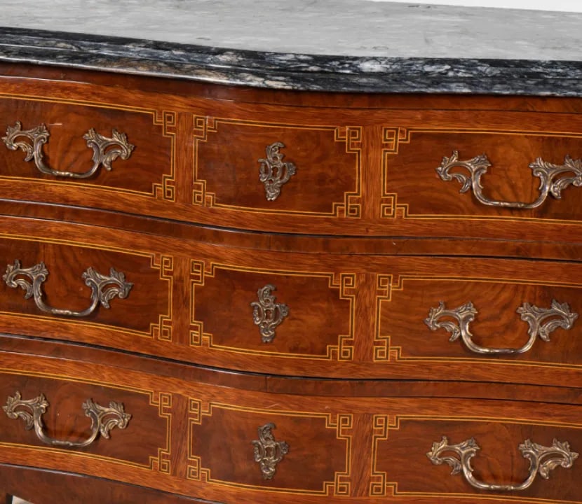 A Louis XV-Style Marble-Top Commode Dresser With Exquisite Greek Key Inlay - 2