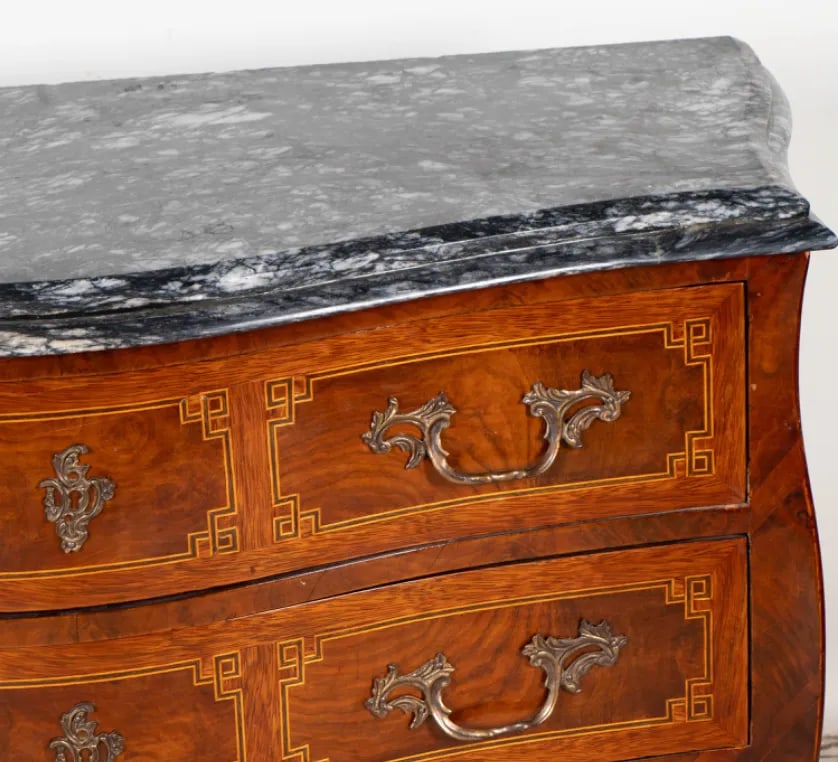 A Louis XV-Style Marble-Top Commode Dresser With Exquisite Greek Key Inlay - 3