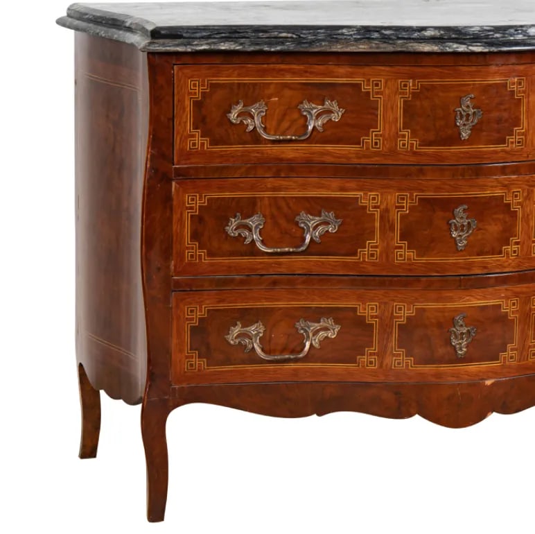A Louis XV-Style Marble-Top Commode Dresser With Exquisite Greek Key Inlay - 4