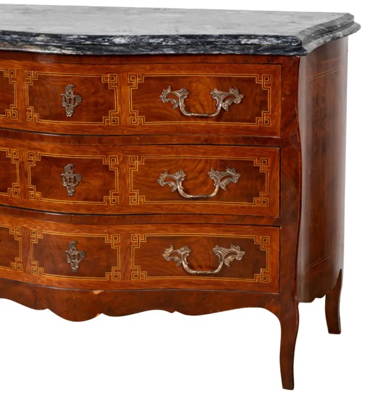 A Louis XV-Style Marble-Top Commode Dresser With Exquisite Greek Key Inlay - 5