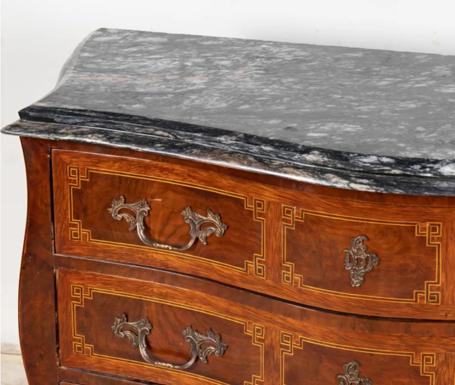 A Louis XV-Style Marble-Top Commode Dresser With Exquisite Greek Key Inlay - 6