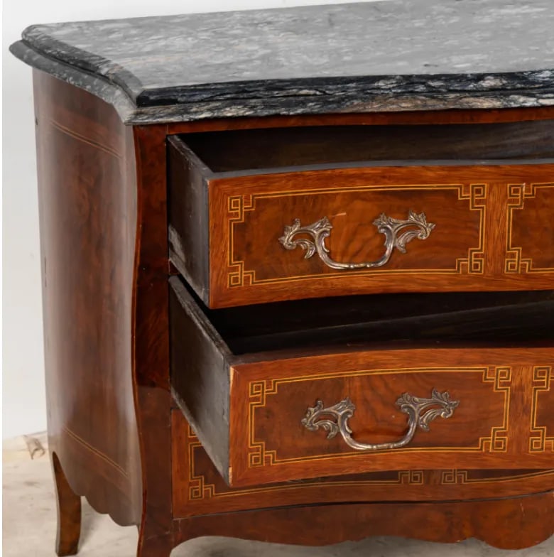 A Louis XV-Style Marble-Top Commode Dresser With Exquisite Greek Key Inlay - 7