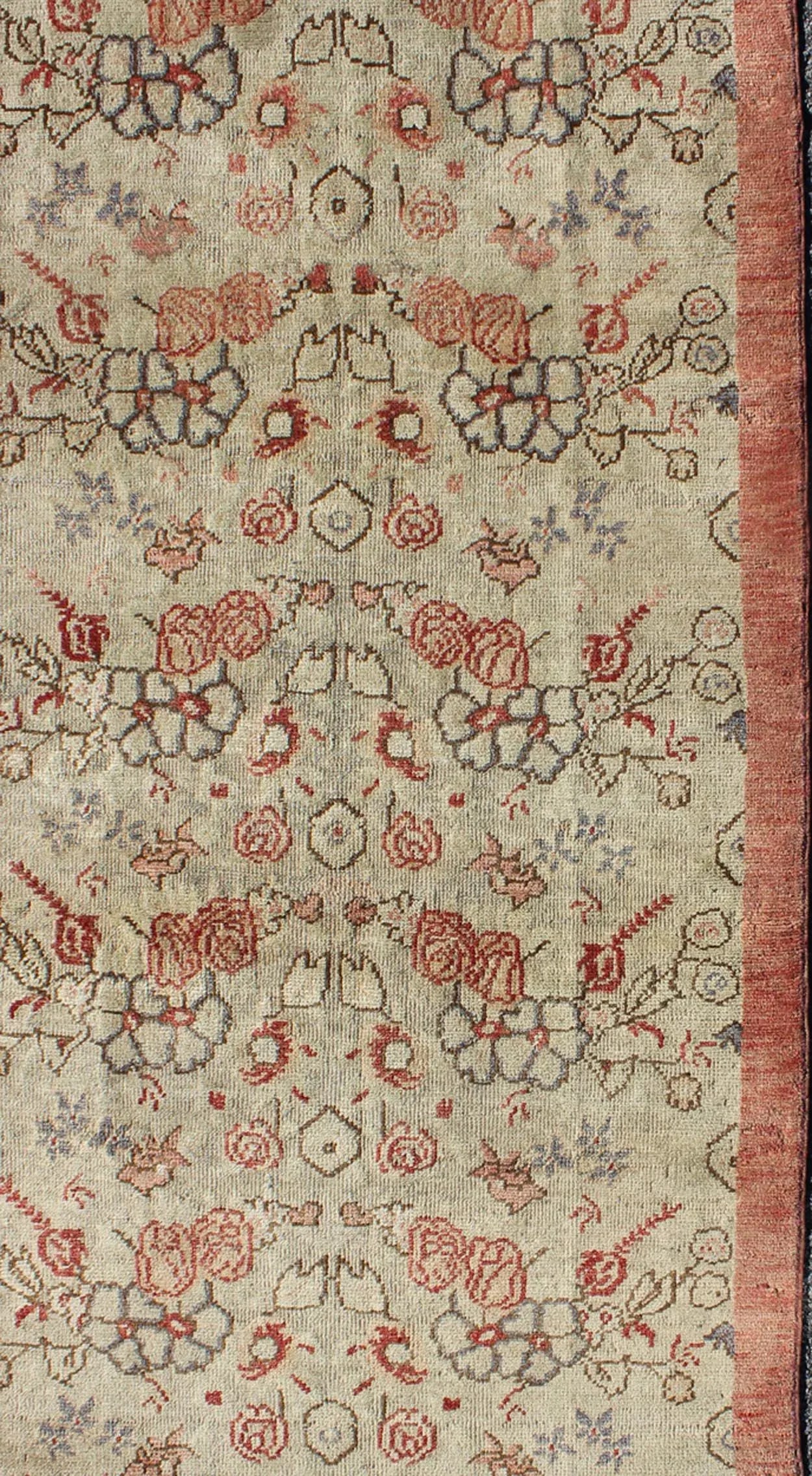 Vintage Turkish Oushak Rug With Pale Cream Field and Soft Rose Border - 6