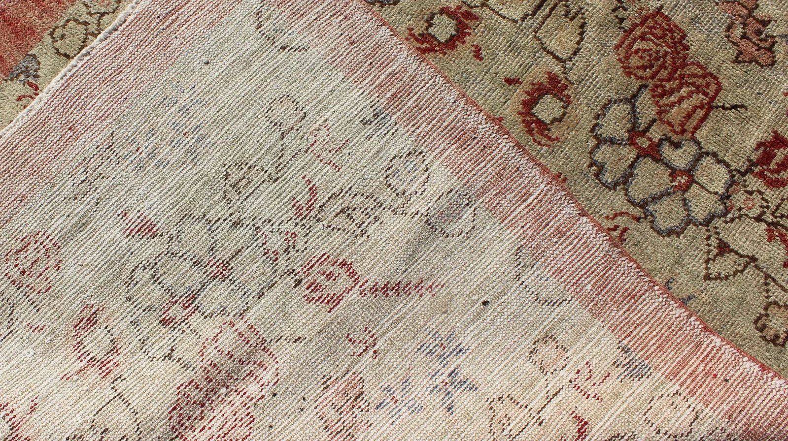 Vintage Turkish Oushak Rug With Pale Cream Field and Soft Rose Border - 7