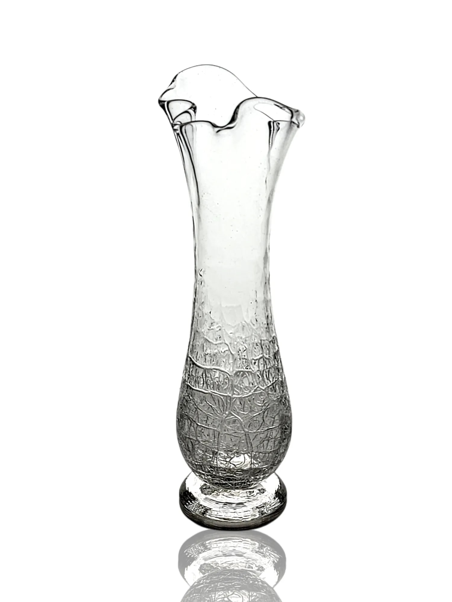 Hand Blown Studio Art Glass Sprung Crackle Vase - Clear and Signed "G" 1993 - 3