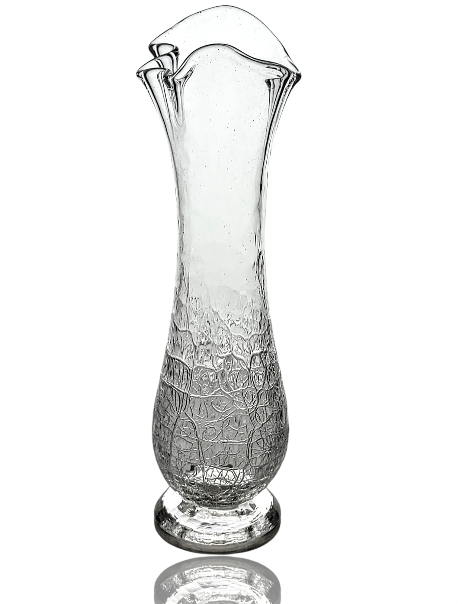 Hand Blown Studio Art Glass Sprung Crackle Vase - Clear and Signed "G" 1993 - 8