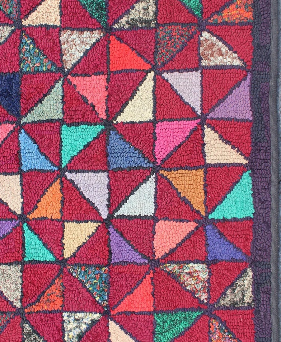 Checkerboard Vintage American Hooked Rug With Geometric Designs - 2