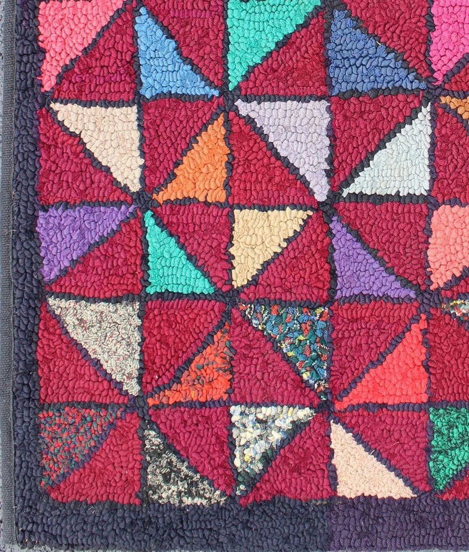 Checkerboard Vintage American Hooked Rug With Geometric Designs - 3