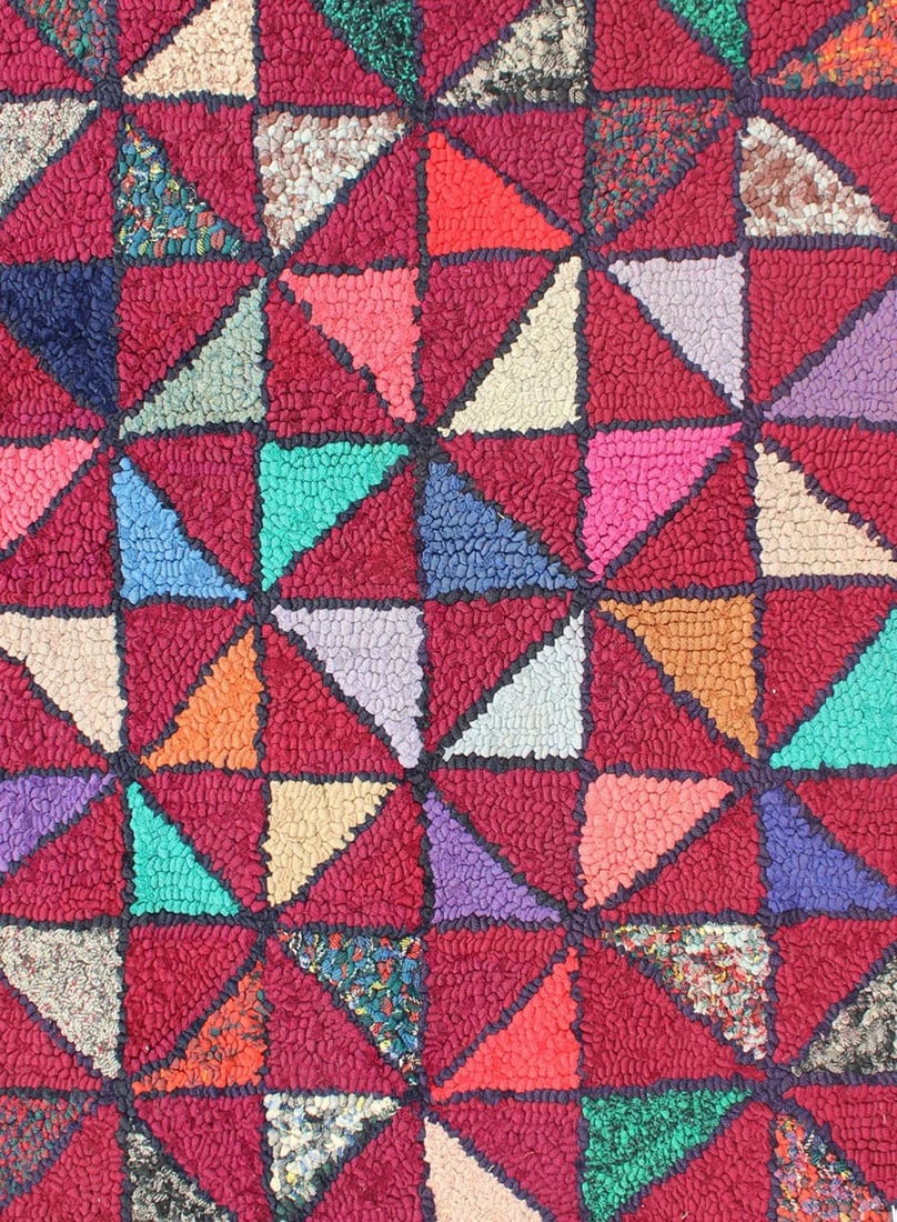 Checkerboard Vintage American Hooked Rug With Geometric Designs - 4