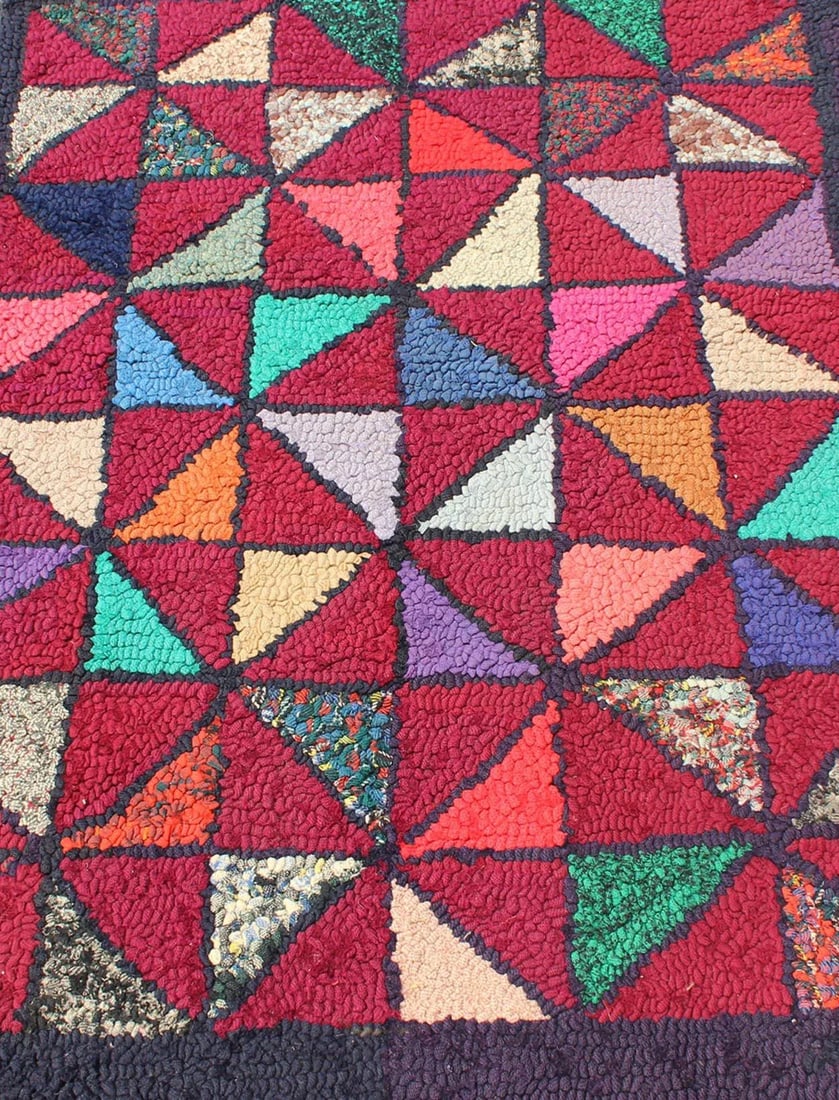 Checkerboard Vintage American Hooked Rug With Geometric Designs - 5