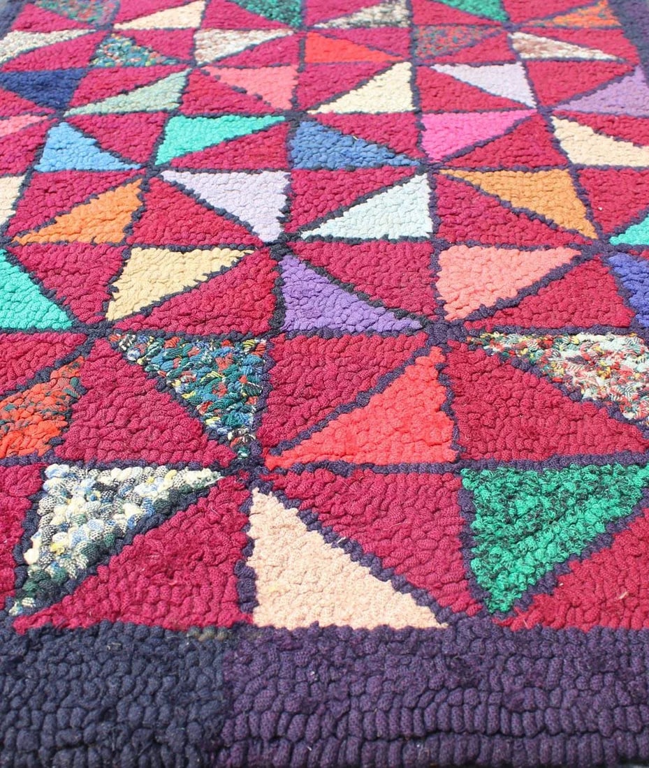Checkerboard Vintage American Hooked Rug With Geometric Designs - 6