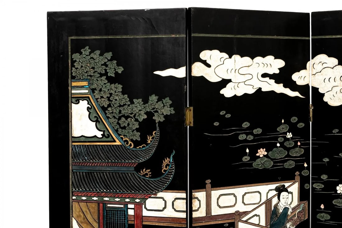 Early 20th Century Chinese Four-Panel Lacquered and Painted Screen - 2