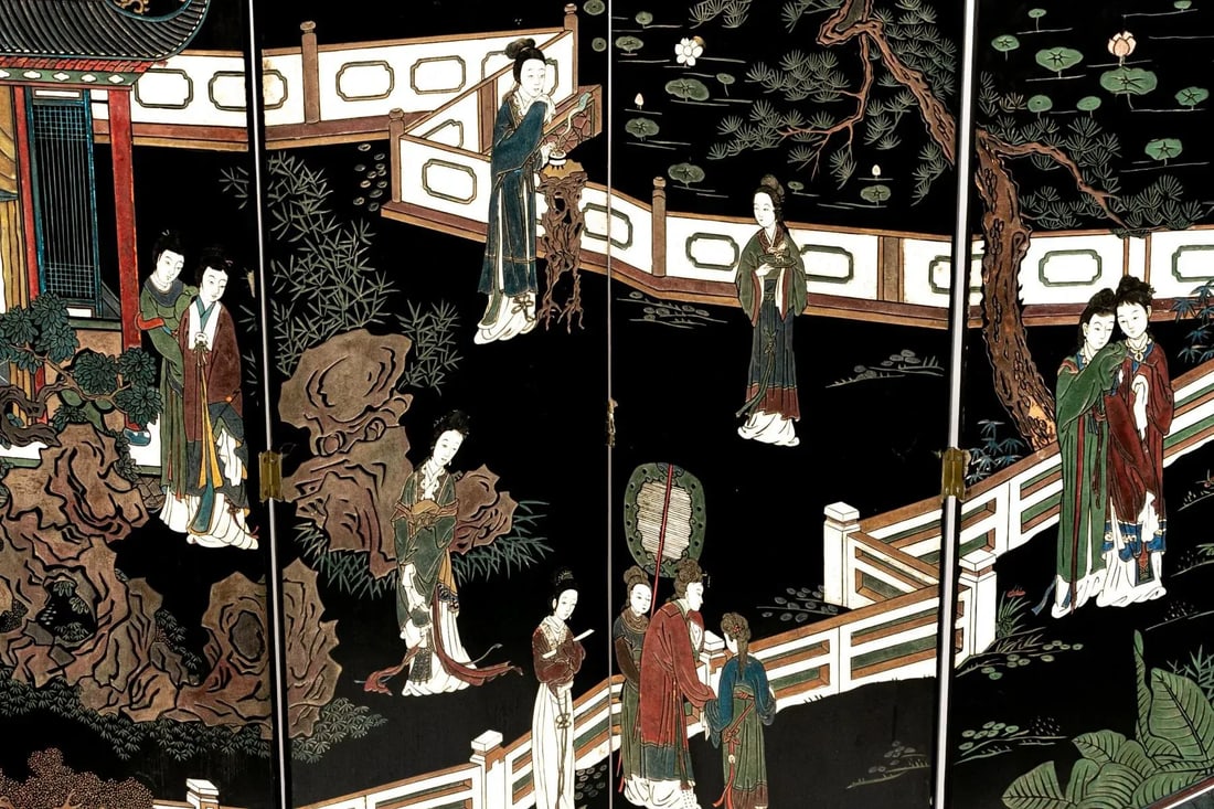 Early 20th Century Chinese Four-Panel Lacquered and Painted Screen - 7