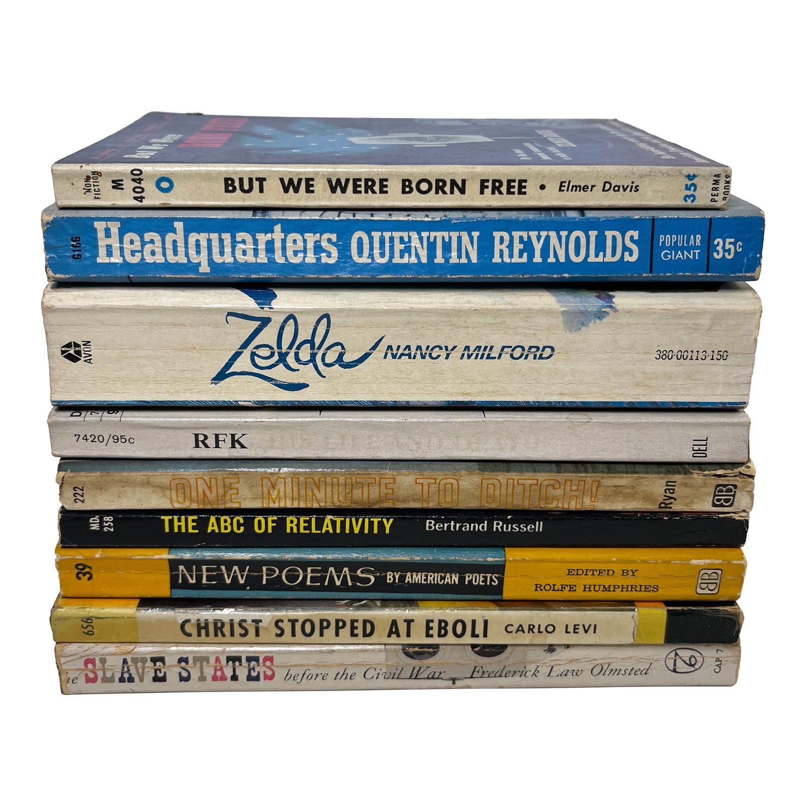 Vintage Nonfiction Soft Cover Books Set/9: Great vintage set of 9 soft cover non-fiction books, many unread: But We Were Born Free by Elmer Davis, Headquarters by Quentin Reynolds, Zelda by Nancy Milford, RFK His Life and Death, One Minute to
