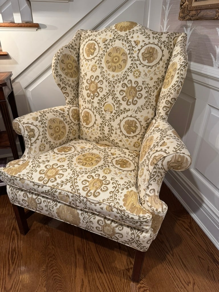 Vintage Custom Upholstered Wing Back Chair With Mahogany Base - 2