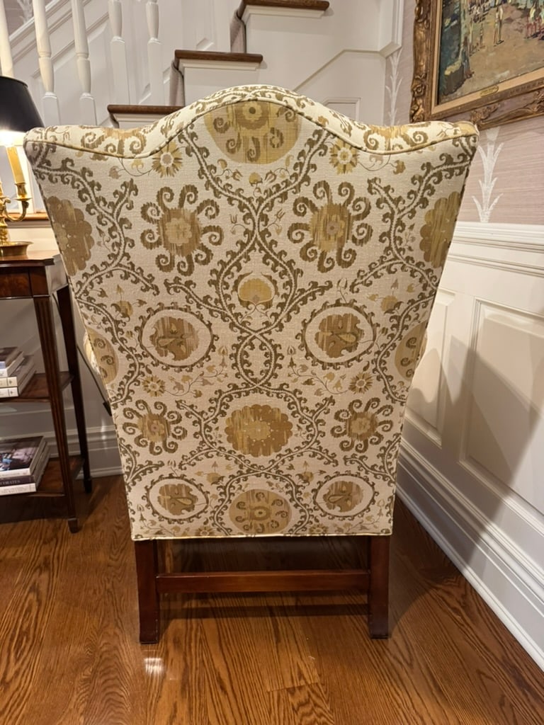 Vintage Custom Upholstered Wing Back Chair With Mahogany Base - 7