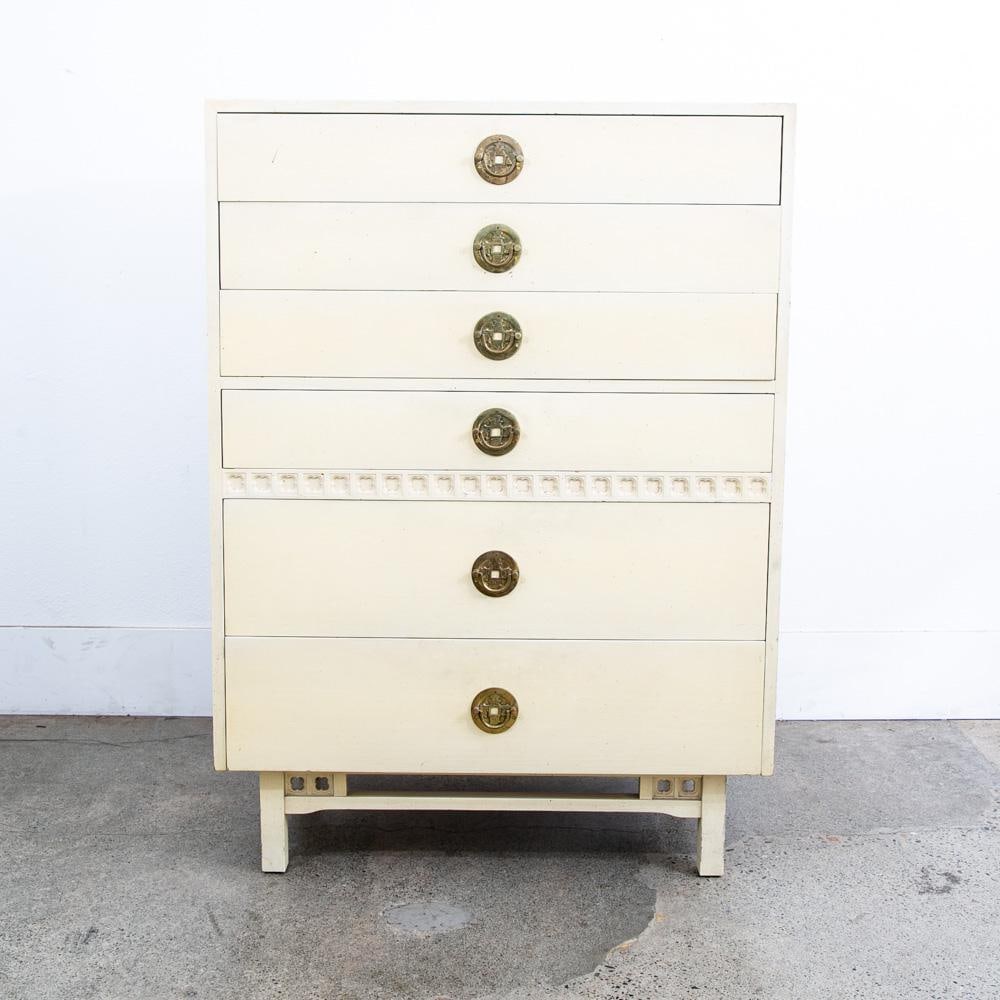1960s Mid Century Modern Dresser Highboy 6 Drawer White American Kalpe Trim - 2
