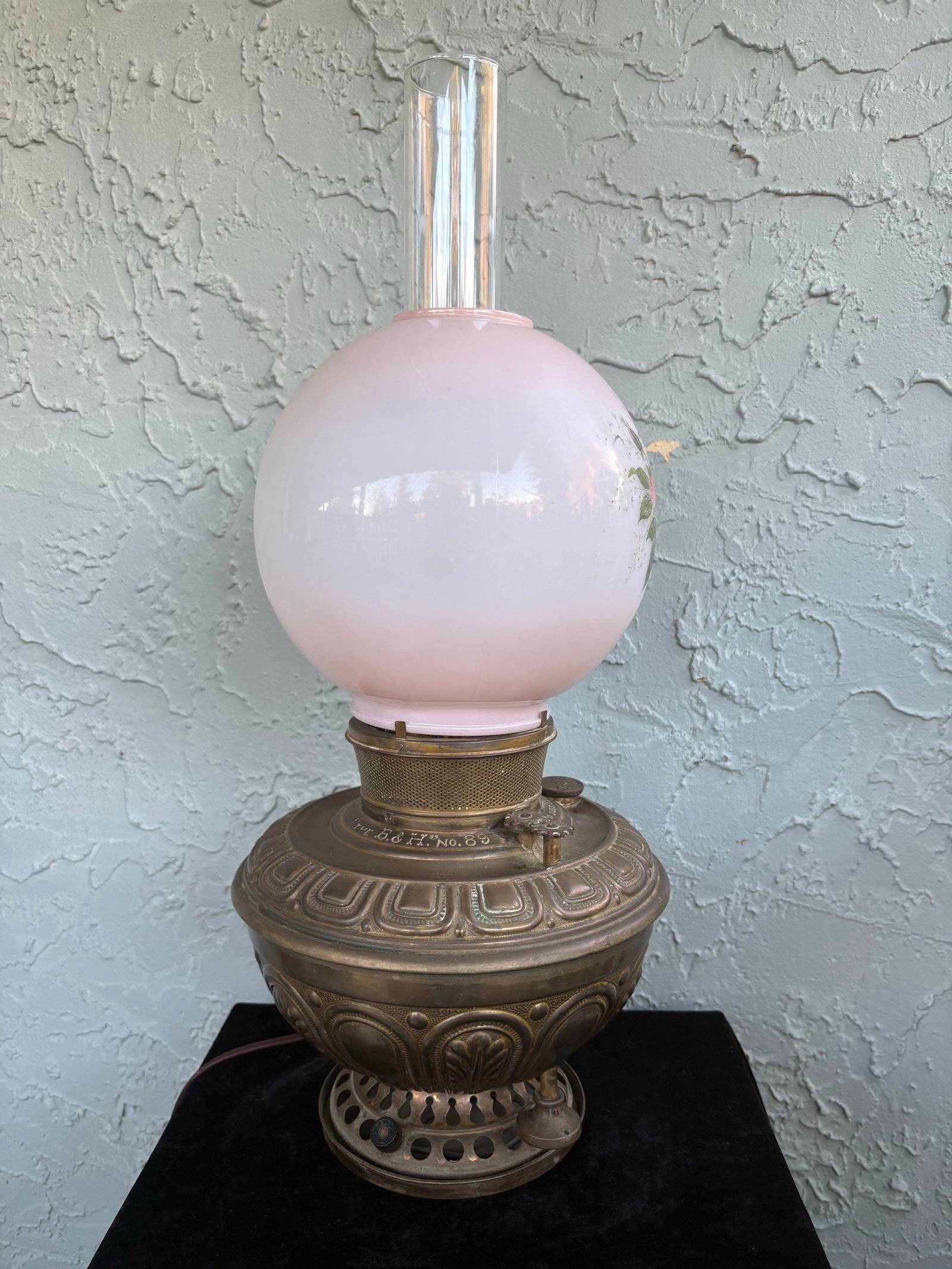Antique B&h Electrified Oil Lamp With Hand-Painted Pink Opaline Globe, C. 1890 - 2