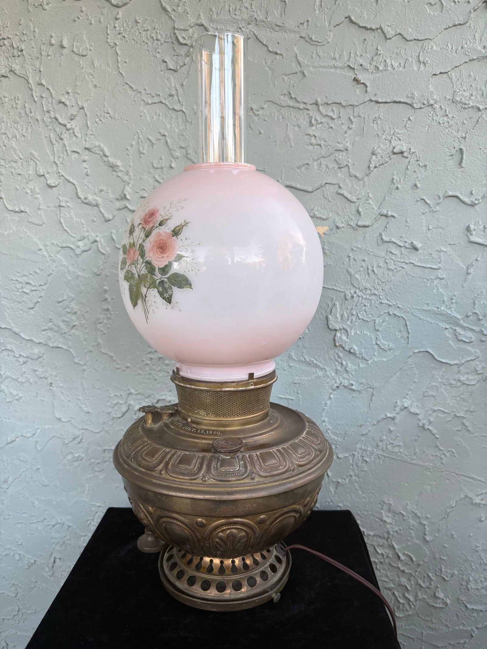 Antique B&h Electrified Oil Lamp With Hand-Painted Pink Opaline Globe, C. 1890 - 3