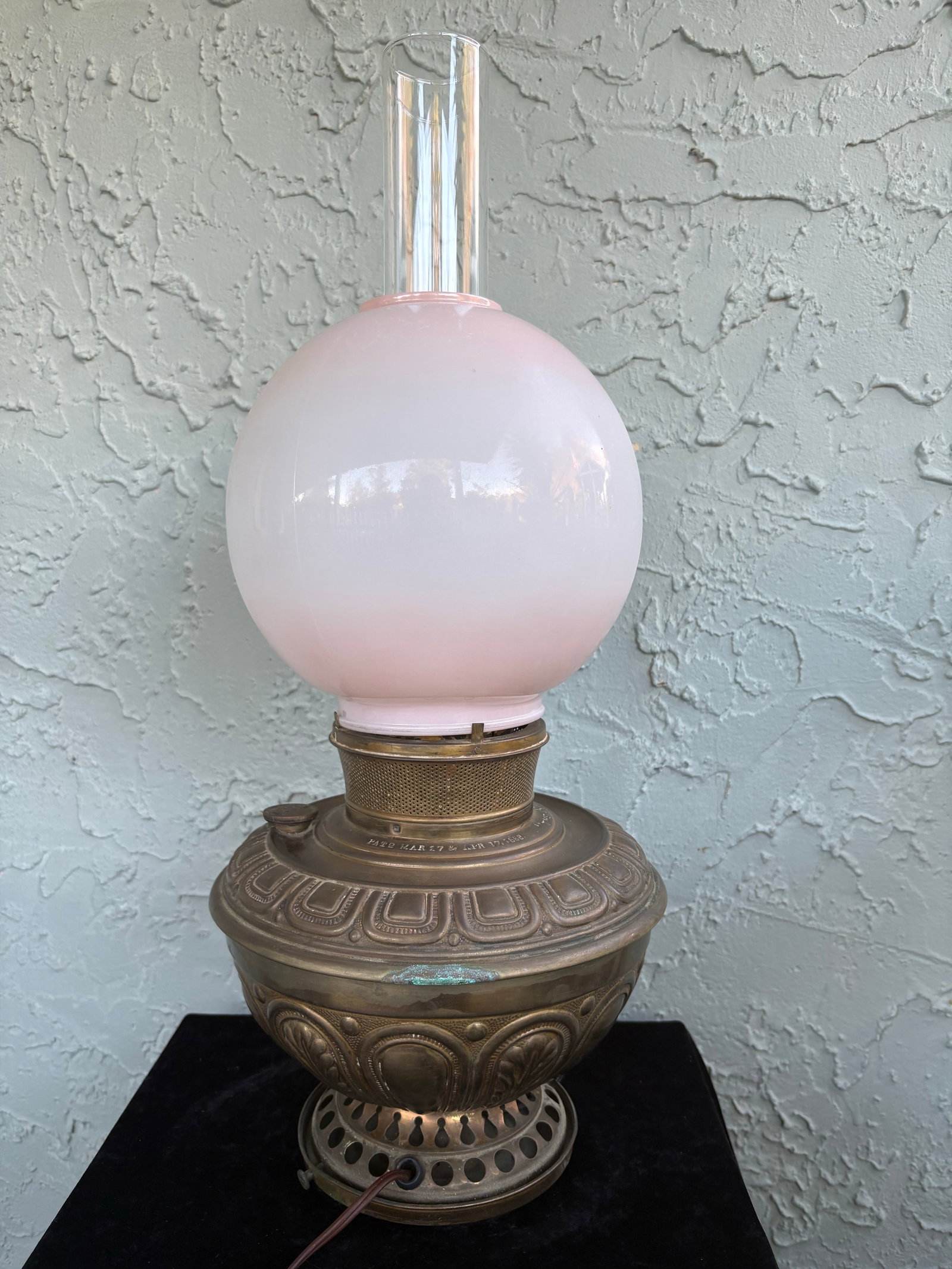 Antique B&h Electrified Oil Lamp With Hand-Painted Pink Opaline Globe, C. 1890 - 4