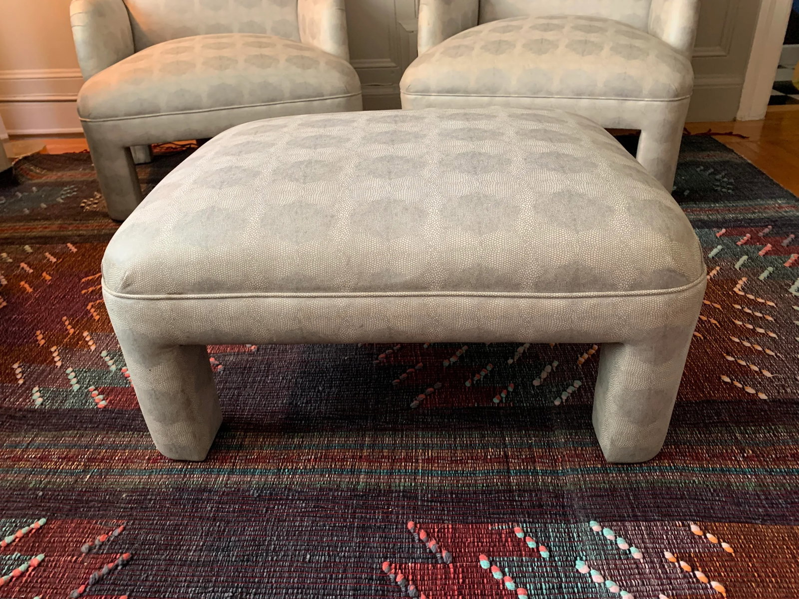 1980s Vintage Upholstered Club Chairs With Matching Ottoman - 3 Pieces - 5