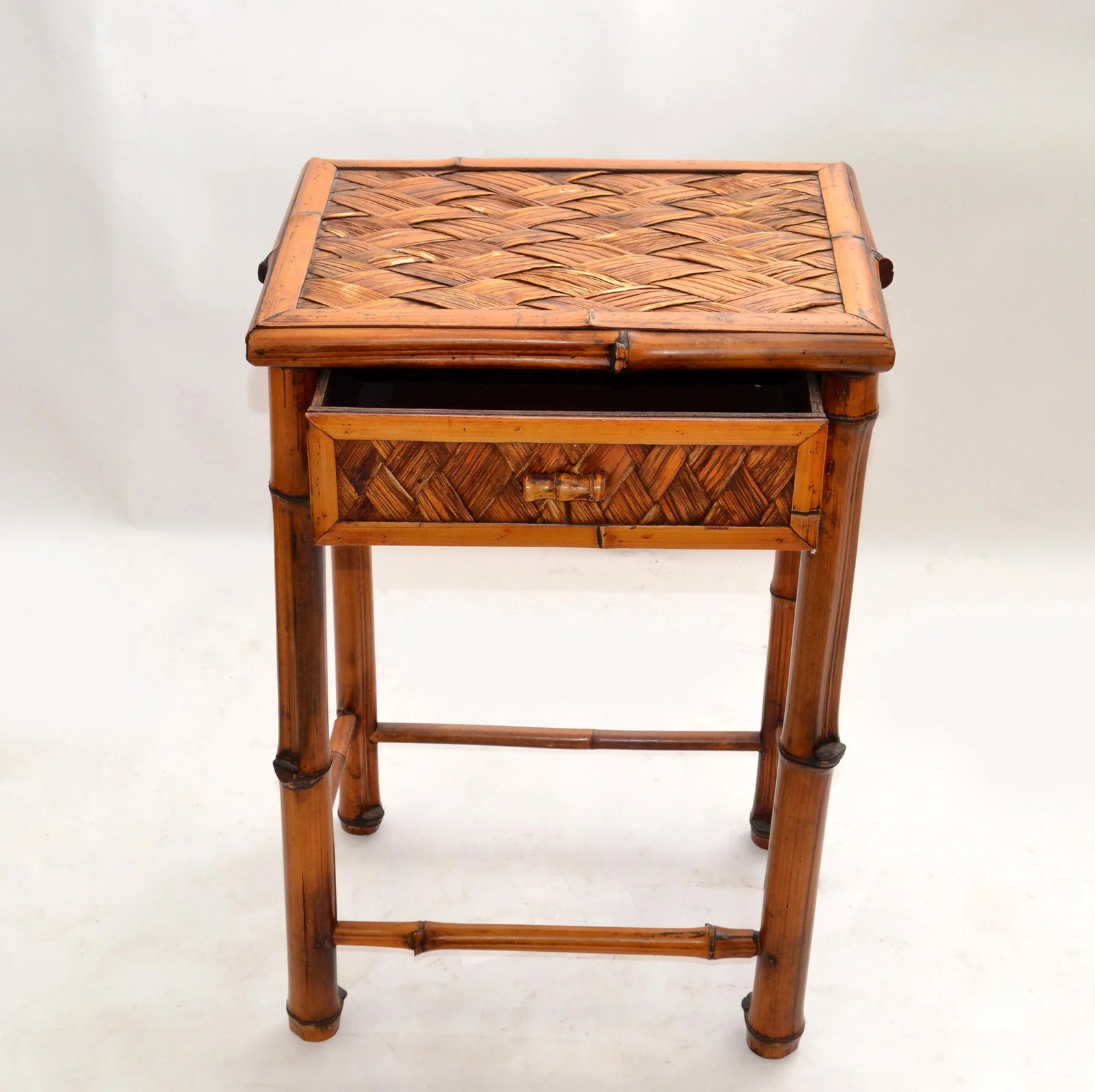 Vintage Bohemian Handcrafted Mid-Century Modern Bamboo & Rattan Side Table With Drawer - 2