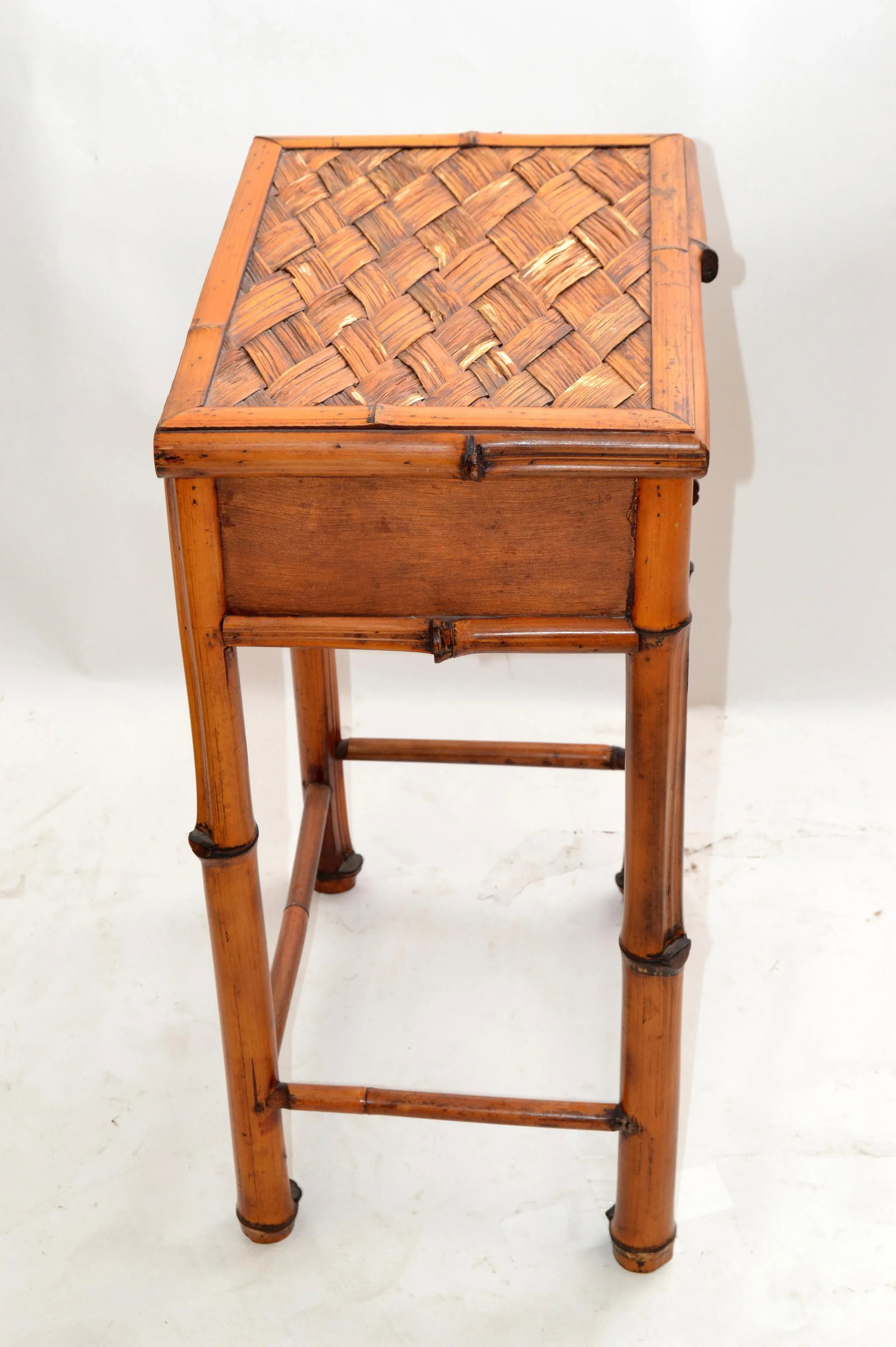 Vintage Bohemian Handcrafted Mid-Century Modern Bamboo & Rattan Side Table With Drawer - 7