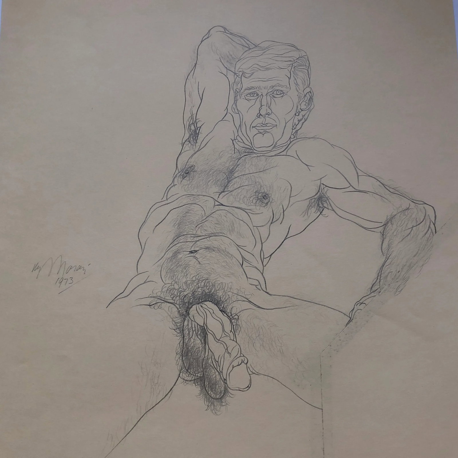 Original Vintage Male Nude Charcoal Study Drawing 1970â€™s - 2