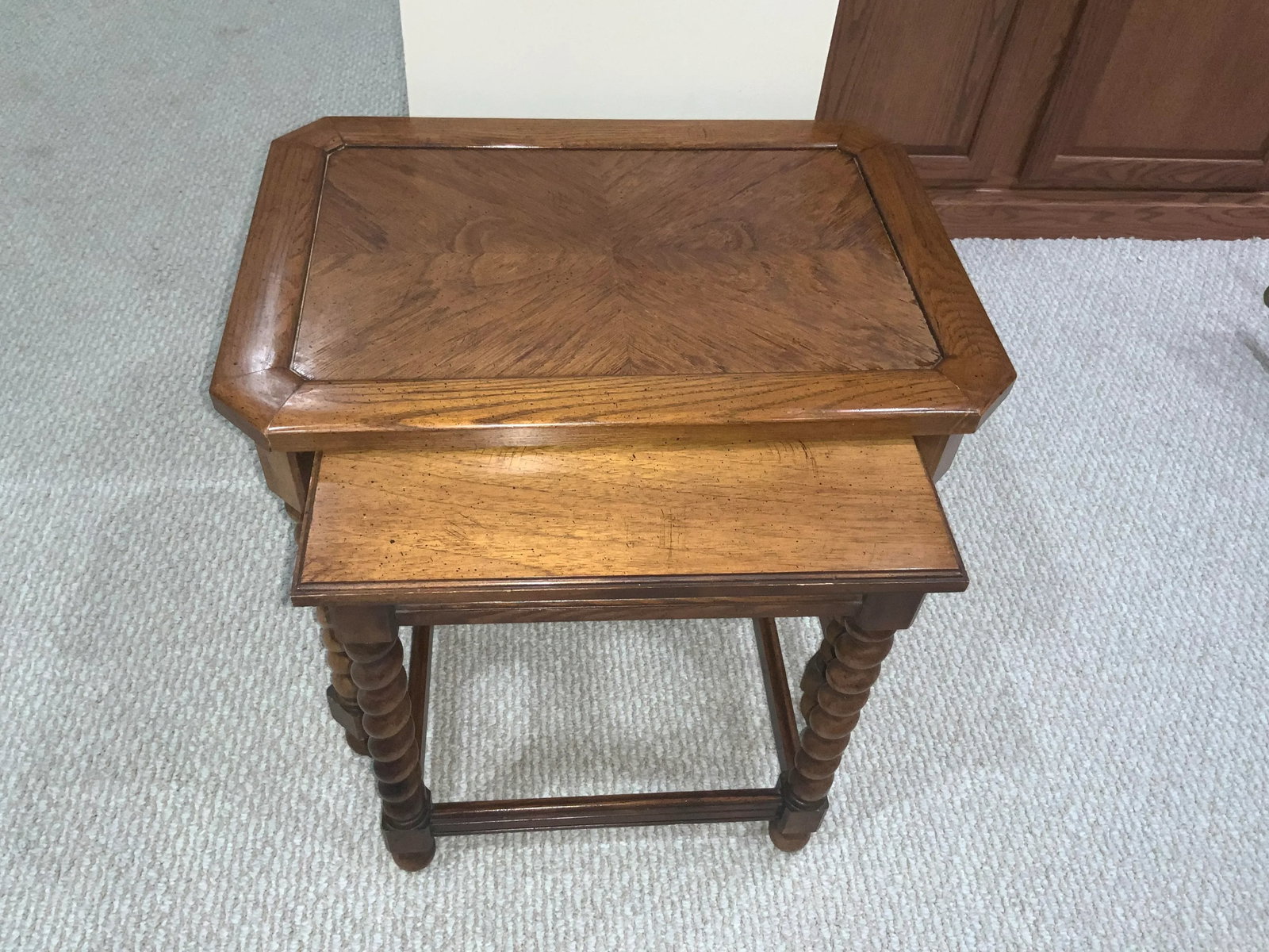 1950s Oak Wood Nesting Tables Turned Legs Stacking Tables - Set of 2 - 2