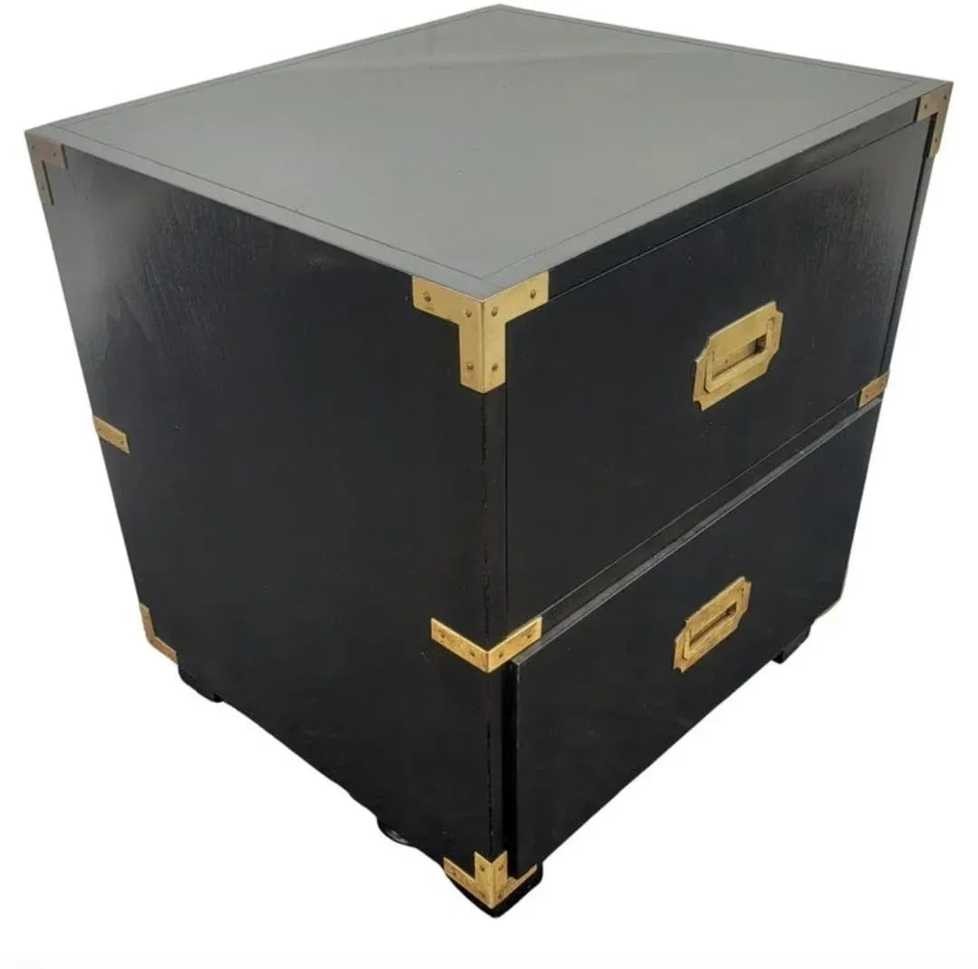 Baker Furniture Ebonized Mahogany and Brass Campaign Style Nightstand on Wheels - 2