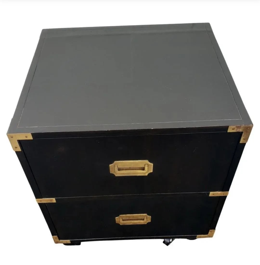 Baker Furniture Ebonized Mahogany and Brass Campaign Style Nightstand on Wheels - 7