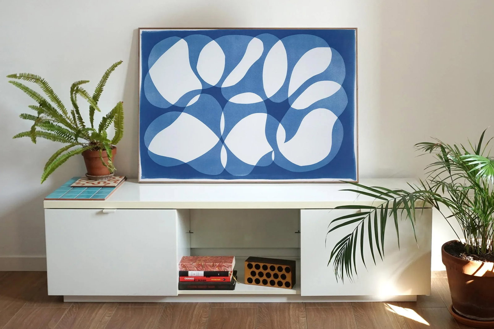 2022, Handmade Monotype in Blue Tones, Minimalistic Style of "Blue Beaded Bracelet", Cyanotype Print - 2